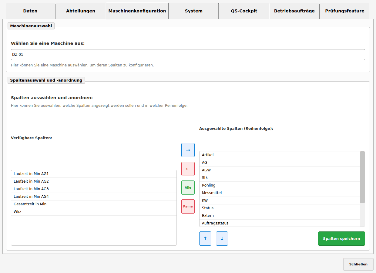 ProdFlow Admin: Spaltenkonfiguration je Maschine ohne Programmierung