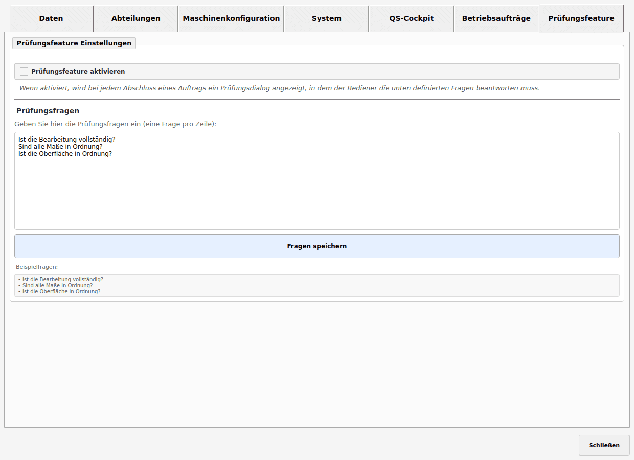 ProdFlow Admin: Prüfungsfeature mit konfigurierbaren Prüffragen