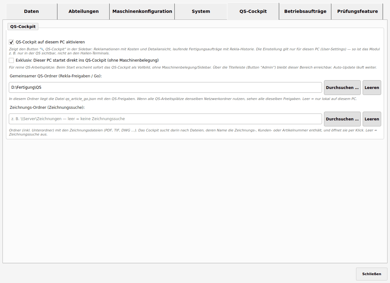 ProdFlow Admin: QS-Cockpit pro PC freischalten