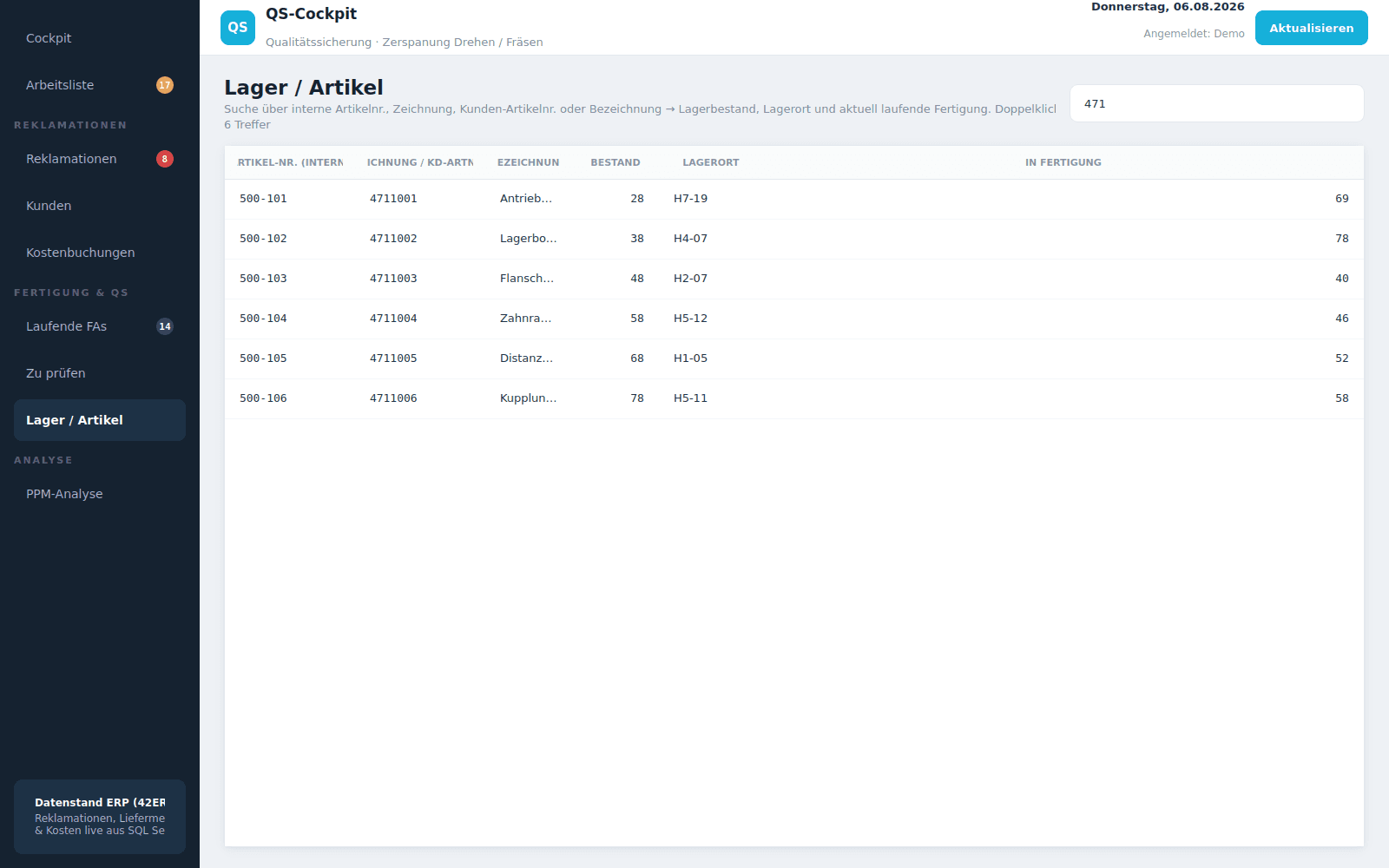 ProdFlow Lager- und Artikelsuche mit Bestand und Lagerort