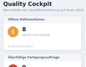 ProdFlow QS-Cockpit: Kennzahlen-Ampeln zu Reklamationen und Fertigungsaufträgen, Reklamationsaufkommen pro Jahr