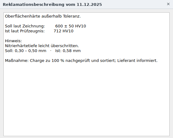 ProdFlow: Reklamationsbeschreibung zu einem Artikel direkt an der Maschine, mit Soll- und Ist-Werten, Hinweis und Maßnahme