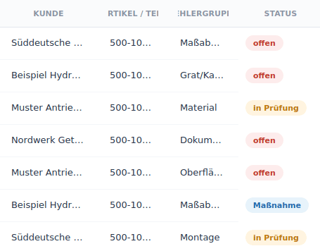 ProdFlow Reklamationsverwaltung mit Suche und Status