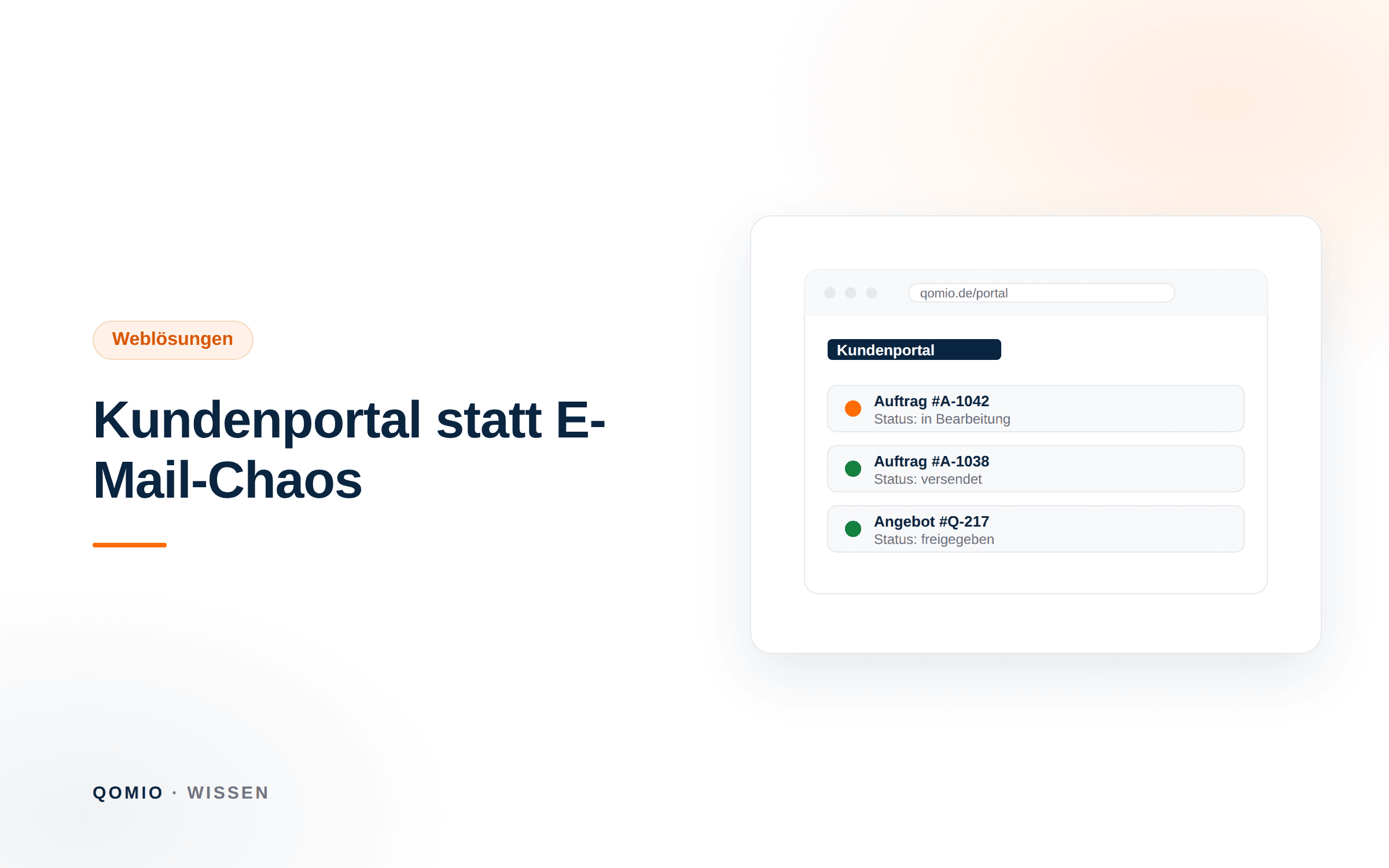 Illustration: ein Kundenportal im Browser mit Auftragsstatus-Liste – in Bearbeitung, versendet, freigegeben